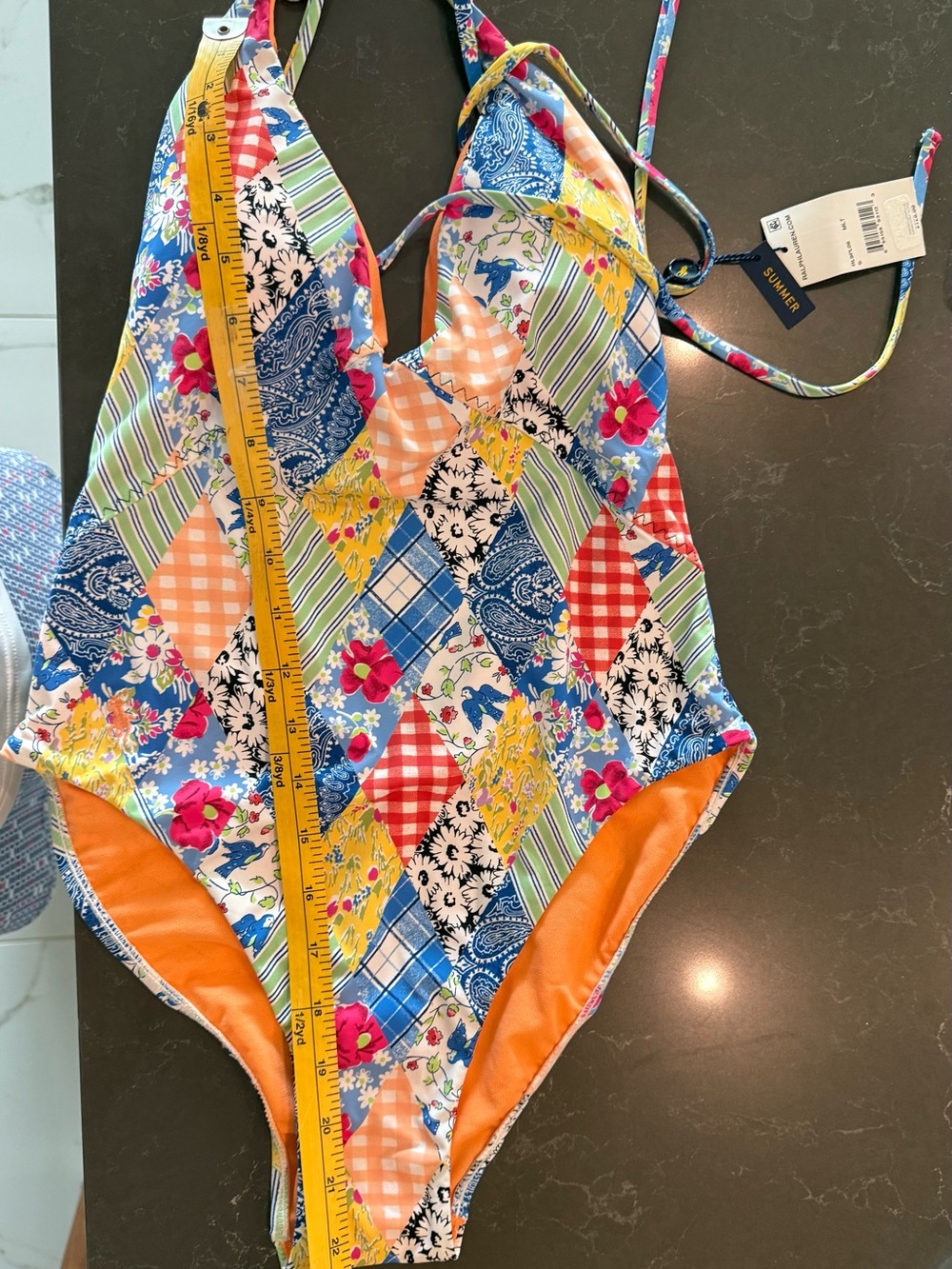 Polo Ralph Lauren Patchwork Plunge Neck One Piece Swimsuit - Picture 12 of 12
